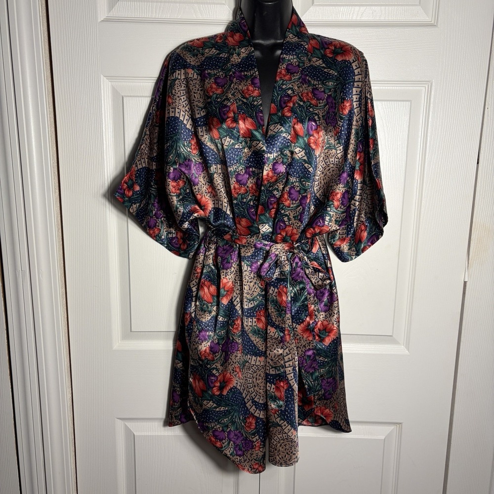 Vintage Tesoro Kimono Robe Women L Tan Purple Floral Short Sleeve Belted Short